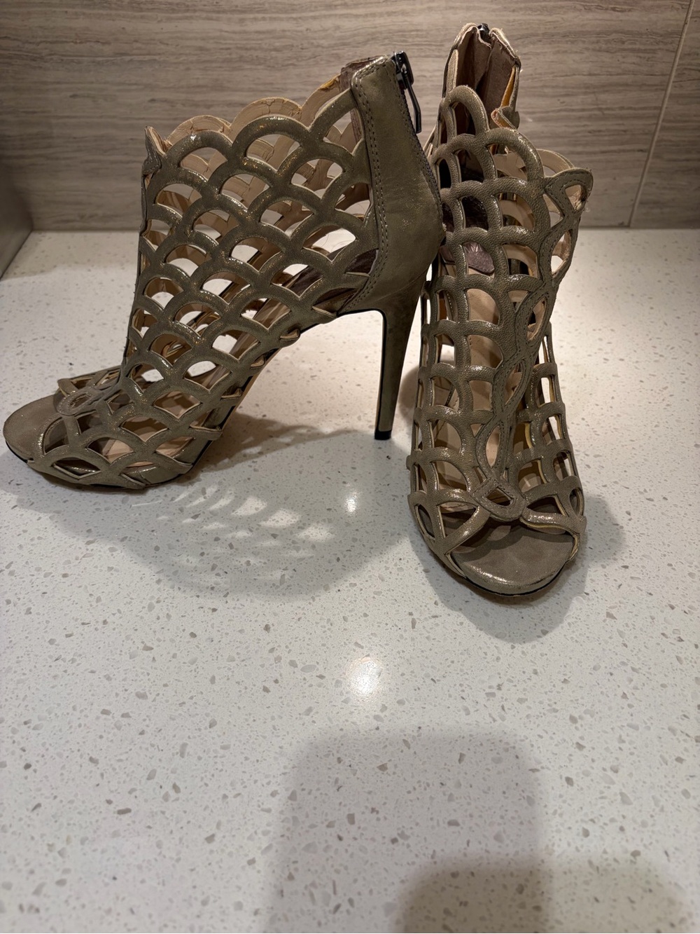 Vince Camuto Taupe Scalloped Cutout Stiletto Sandals